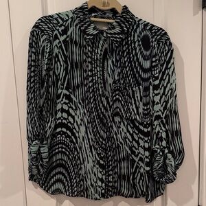 Chic Black and Green Patterned Long Sleeve Top 100% silk.